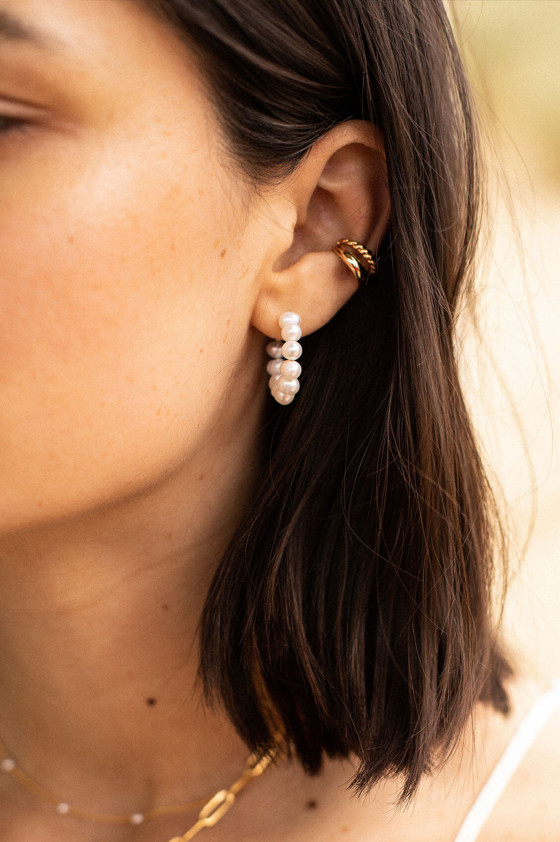 14K Gold Filled Huggie Pearl Hoop Earrings — Aventine Jewelry